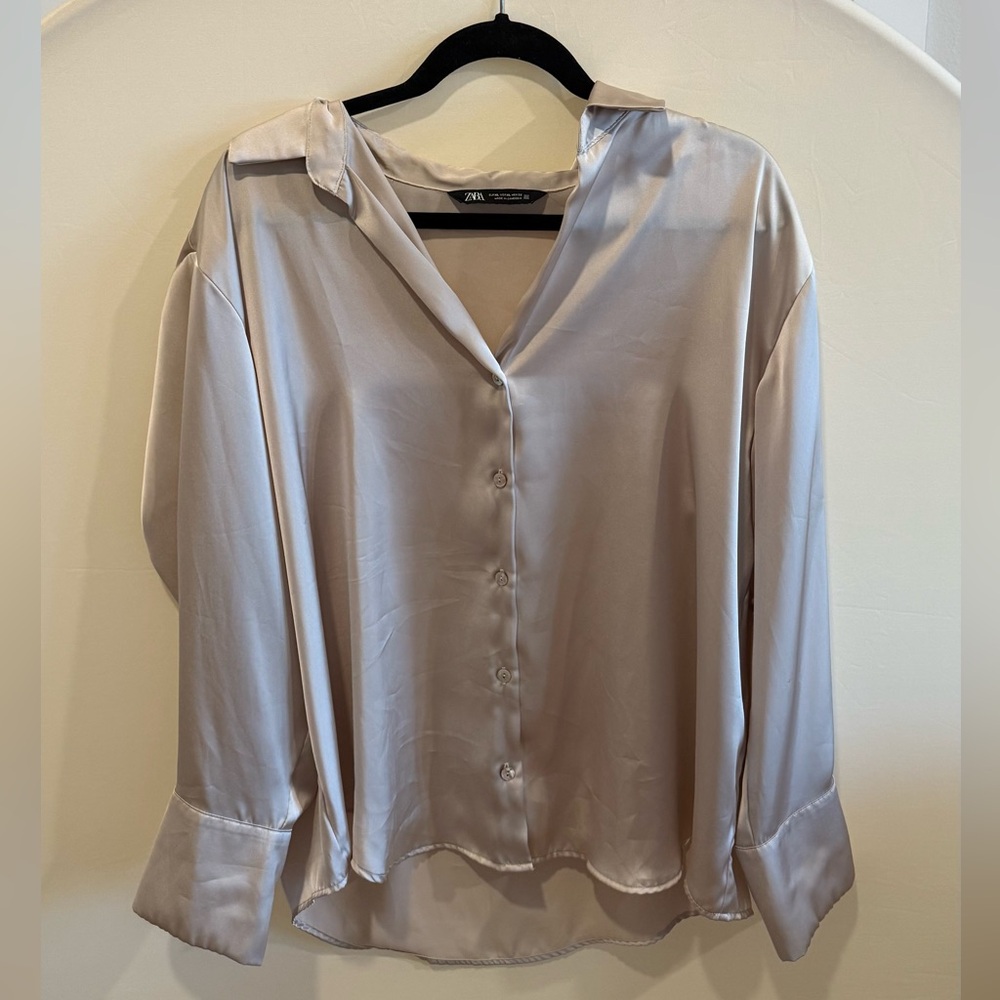 ZARA Flowy Satin Effect Shirt | Soft Silky Blouse | Size XL | Soft Gold